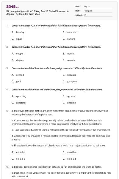 Đề cương ôn tập cuối kì 1 Tiếng Anh 10 Global Success có đáp án - Đề kiểm tra tham khảo