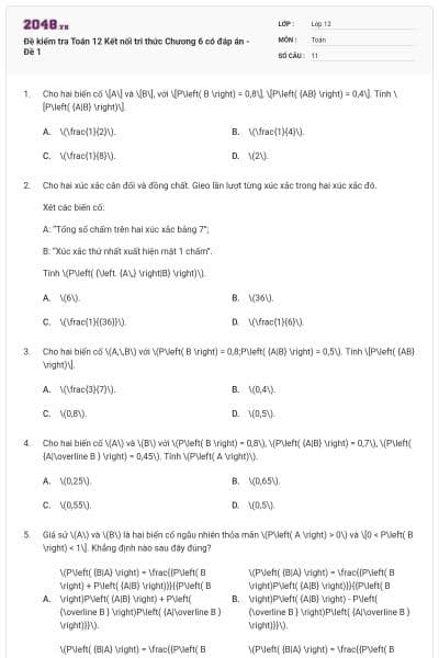 Đề kiểm tra Toán 12 Kết nối tri thức Chương 6 có đáp án - Đề 1