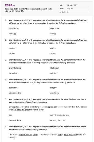Tổng hợp đề thi thử THPT quốc gia môn tiếng anh có lời giải chi tiết (Đề số 30)