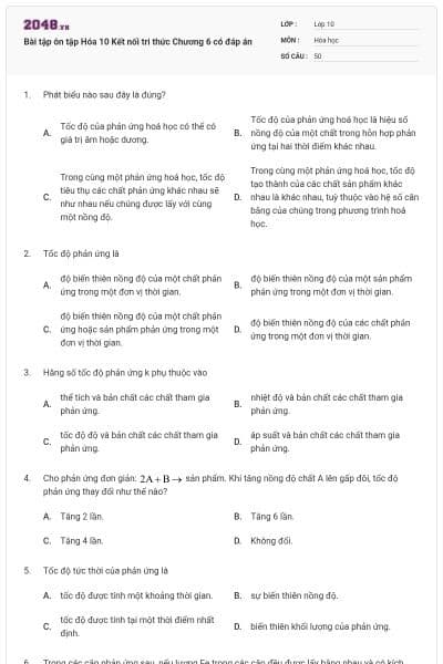 Bài tập ôn tập Hóa 10 Kết nối tri thức Chương 6 có đáp án