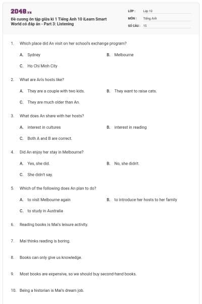 Đề cương ôn tập giữa kì 1 Tiếng Anh 10 iLearn Smart World có đáp án - Part 3: Listening