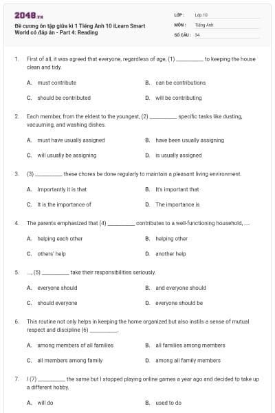 Đề cương ôn tập giữa kì 1 Tiếng Anh 10 iLearn Smart World có đáp án - Part 4: Reading