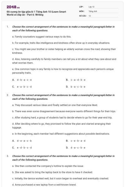 Đề cương ôn tập giữa kì 1 Tiếng Anh 10 iLearn Smart World có đáp án - Part 6: Writing