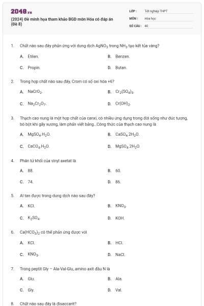 (2024) Đề minh họa tham khảo BGD môn Hóa có đáp án (Đề 8)