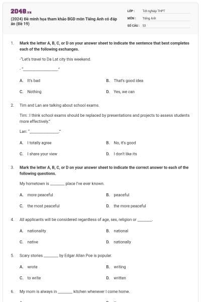 (2024) Đề minh họa tham khảo BGD môn Tiếng Anh có đáp án (Đề 19)