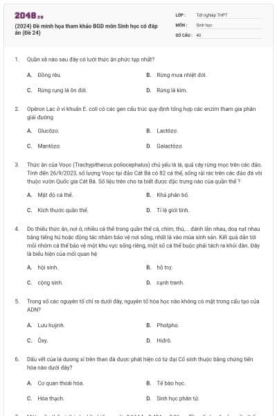 (2024) Đề minh họa tham khảo BGD môn Sinh học có đáp án (Đề 24)