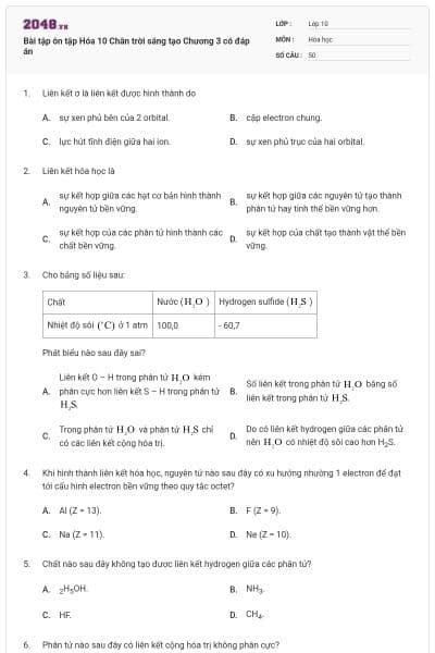 Bài tập ôn tập Hóa 10 Chân trời sáng tạo Chương 3 có đáp án