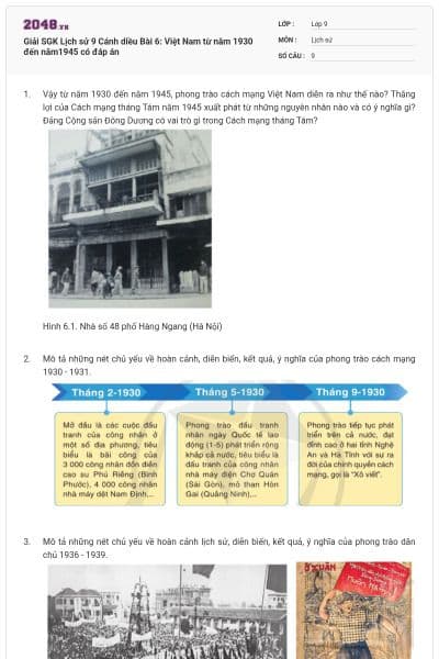 Giải SGK Lịch sử 9 Cánh diều Bài 6: Việt Nam từ năm 1930 đến năm1945 có đáp án