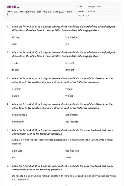 Đề thi thử THPT Quốc Gia môn Tiếng anh năm 2020 (Đề số 21)