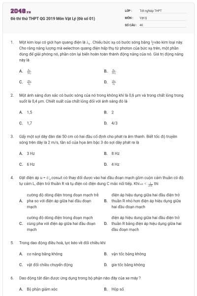 Đề thi thử THPT QG 2019 Môn Vật Lý (Đề số 01)