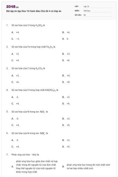 Bài tập ôn tập Hóa 10 Cánh diều Chủ đề 4 có đáp án