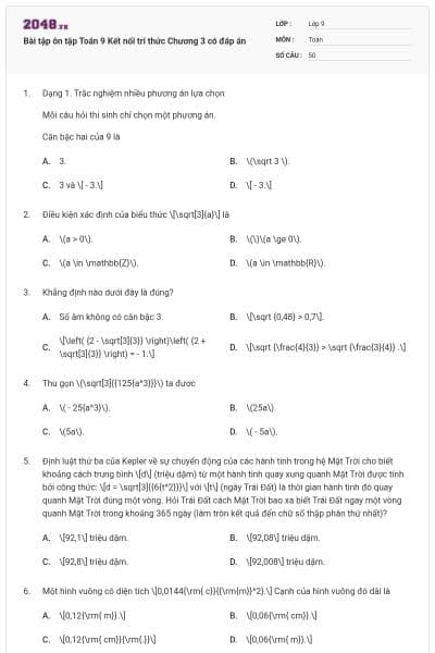 Bài tập ôn tập Toán 9 Kết nối tri thức Chương 3 có đáp án