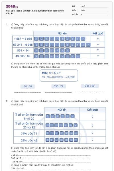Giải VBT Toán 5 CD Bài 44. Sử dụng máy tính cầm tay có đáp án