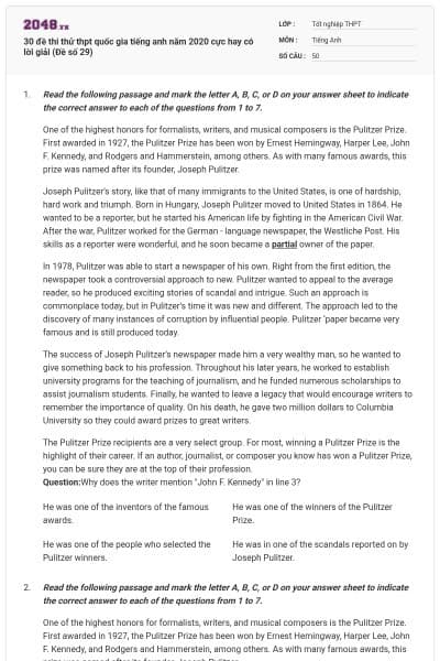 30 đề thi thử thpt quốc gia tiếng anh năm 2020 cực hay có lời giải (Đề số 29)