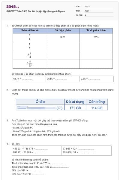 Giải VBT Toán 5 CD Bài 46. Luyện tập chung có đáp án