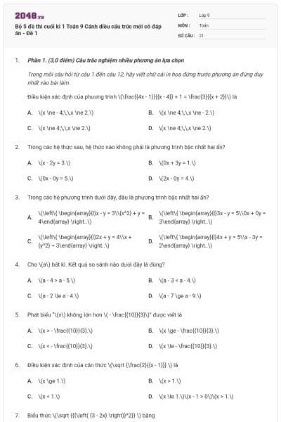 Bộ 5 đề thi cuối kì 1 Toán 9 Cánh diều cấu trúc mới có đáp án - Đề 1