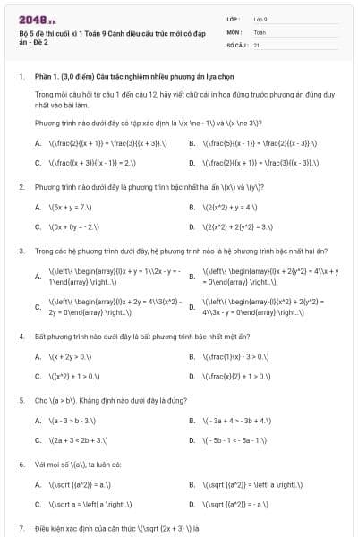 Bộ 5 đề thi cuối kì 1 Toán 9 Cánh diều cấu trúc mới có đáp án - Đề 2