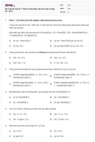 Bộ 5 đề thi cuối kì 1 Toán 9 Cánh diều cấu trúc mới có đáp án - Đề 3