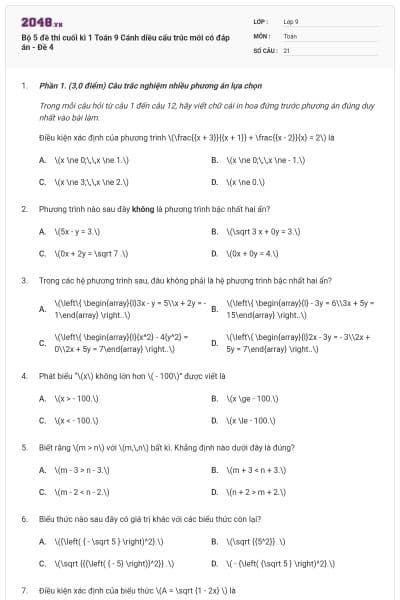 Bộ 5 đề thi cuối kì 1 Toán 9 Cánh diều cấu trúc mới có đáp án - Đề 4
