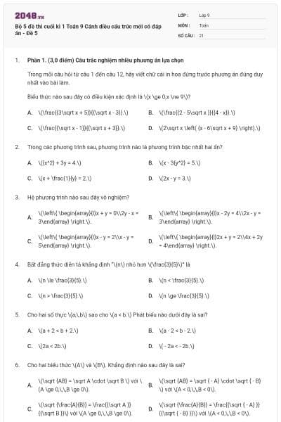 Bộ 5 đề thi cuối kì 1 Toán 9 Cánh diều cấu trúc mới có đáp án - Đề 5