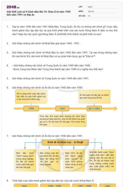 Giải SGK Lịch sử 9 Cánh diều Bài 10: Châu Á từ năm 1945 đến năm 1991 có đáp án