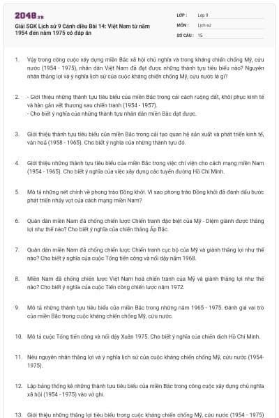 Giải SGK Lịch sử 9 Cánh diều Bài 14: Việt Nam từ năm 1954 đến năm 1975 có đáp án