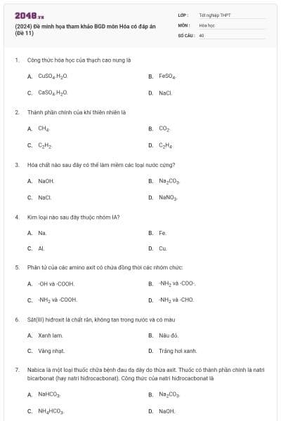 (2024) Đề minh họa tham khảo BGD môn Hóa có đáp án (Đề 11)