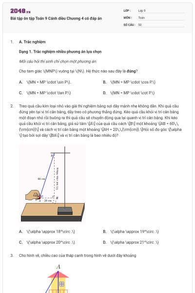 Bài tập ôn tập Toán 9 Cánh diều Chương 4 có đáp án