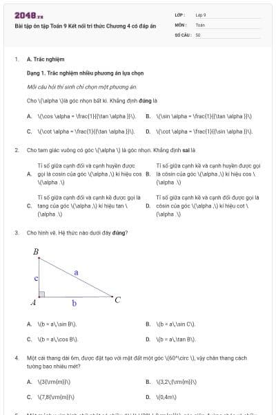 Bài tập ôn tập Toán 9 Kết nối tri thức Chương 4 có đáp án