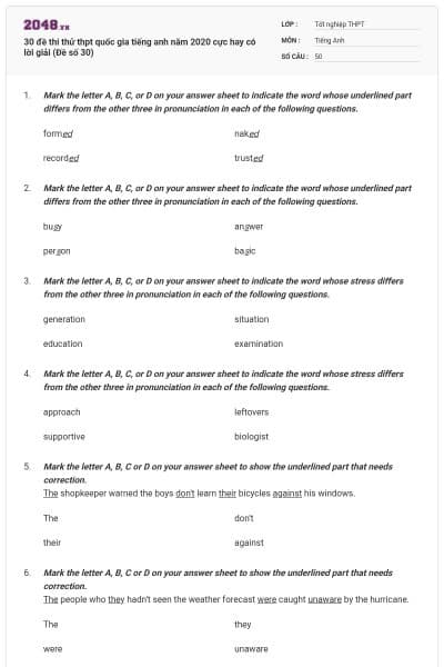 30 đề thi thử thpt quốc gia tiếng anh năm 2020 cực hay có lời giải (Đề số 30)