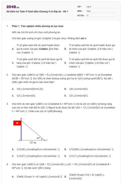 Đề kiểm tra Toán 9 Cánh diều Chương 4 có đáp án - Đề 1