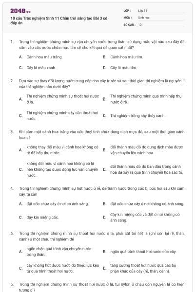 10 câu Trắc nghiệm Sinh 11 Chân trời sáng tạo Bài 3 có đáp án