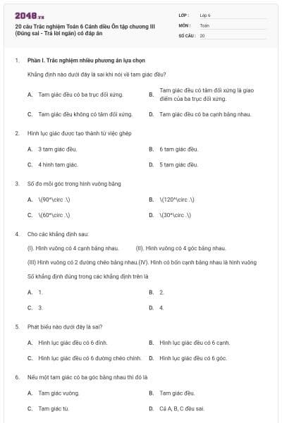 20 câu Trắc nghiệm Toán 6 Cánh diều Ôn tập chương III (Đúng sai - Trả lời ngắn) có đáp án