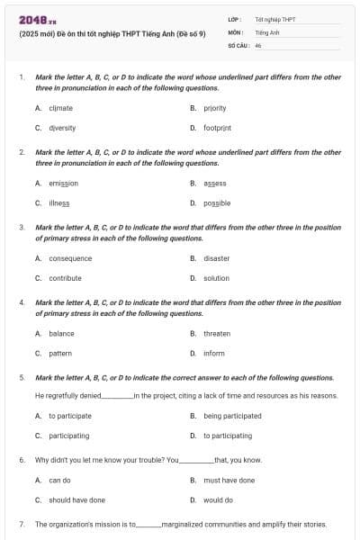 (2025 mới) Đề ôn thi tốt nghiệp THPT Tiếng Anh (Đề số 9)