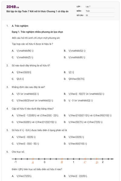 Bài tập ôn tập Toán 7 Kết nối tri thức Chương 1 có đáp án