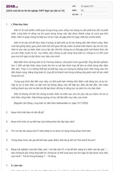 (2025 mới) Đề ôn thi tốt nghiệp THPT Ngữ văn (Đề số 10)