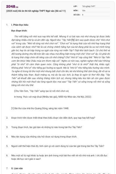 (2025 mới) Đề ôn thi tốt nghiệp THPT Ngữ văn (Đề số 11)