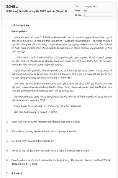 (2025 mới) Đề ôn thi tốt nghiệp THPT Ngữ văn (Đề số 12)