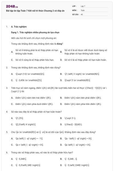 Bài tập ôn tập Toán 7 Kết nối tri thức Chương 2 có đáp án