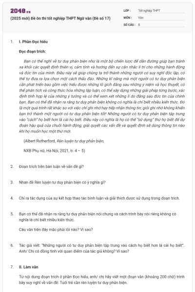 (2025 mới) Đề ôn thi tốt nghiệp THPT Ngữ văn (Đề số 17)