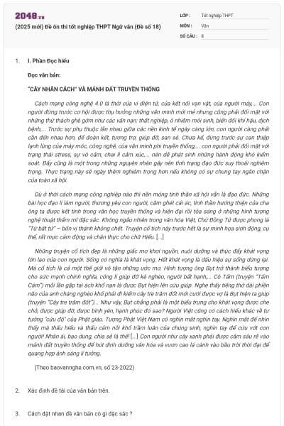 (2025 mới) Đề ôn thi tốt nghiệp THPT Ngữ văn (Đề số 18)