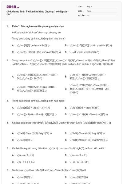 Đề kiểm tra Toán 7 Kết nối tri thức Chương 1 có đáp án - Đề 1