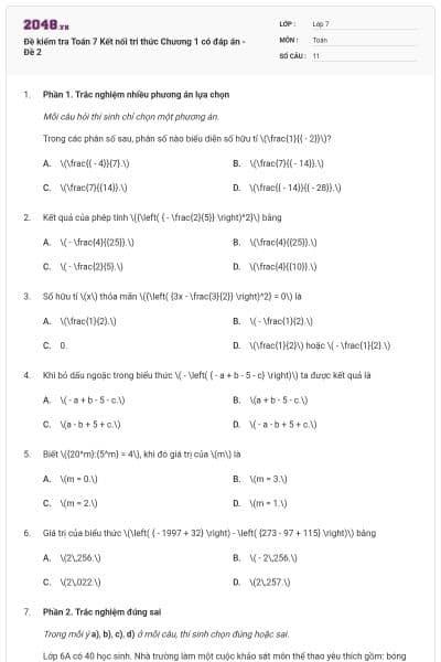 Đề kiểm tra Toán 7 Kết nối tri thức Chương 1 có đáp án - Đề 2