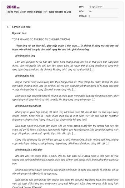 (2025 mới) Đề ôn thi tốt nghiệp THPT Ngữ văn (Đề số 20)