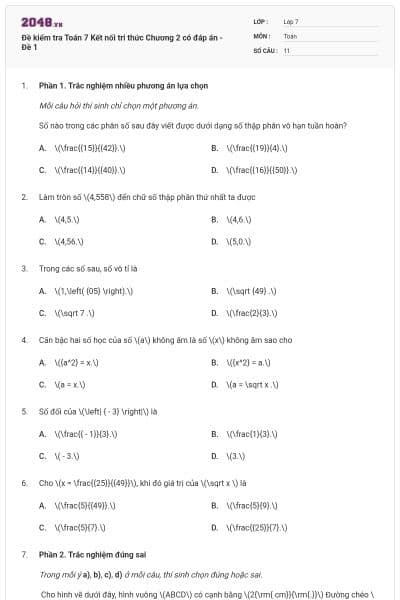 Đề kiểm tra Toán 7 Kết nối tri thức Chương 2 có đáp án - Đề 1