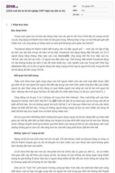 (2025 mới) Đề ôn thi tốt nghiệp THPT Ngữ văn (Đề số 22)