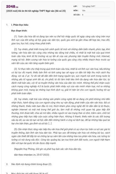 (2025 mới) Đề ôn thi tốt nghiệp THPT Ngữ văn (Đề số 25)