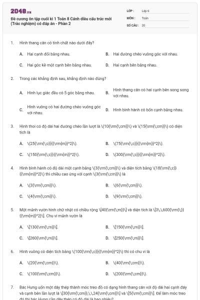 Đề cương ôn tập cuối kì 1 Toán 8 Cánh diều cấu trúc mới (Trắc nghiệm) có đáp án - Phần 2