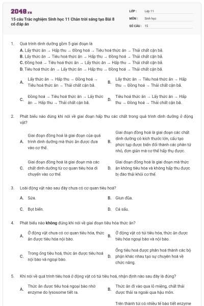 15 câu Trắc nghiệm Sinh học 11 Chân trời sáng tạo Bài 8 có đáp án