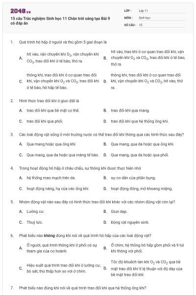 15 câu Trắc nghiệm Sinh học 11 Chân trời sáng tạo Bài 9 có đáp án
